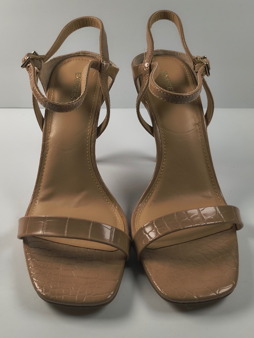 Express Nude Tan Croc Embossed Strappy Block Heel Sandals